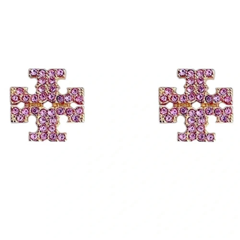 Tory Burch Gold Logo Pink Gemstone Stud Earrings - Picture 7 of 9